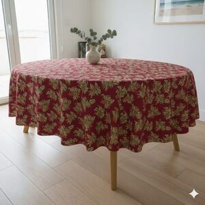 April Cornell 100% Cotton Round Tablecloth - Red Holly Christmas